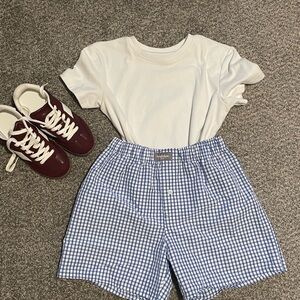 White Tee and Blue Checkered Shorts Set